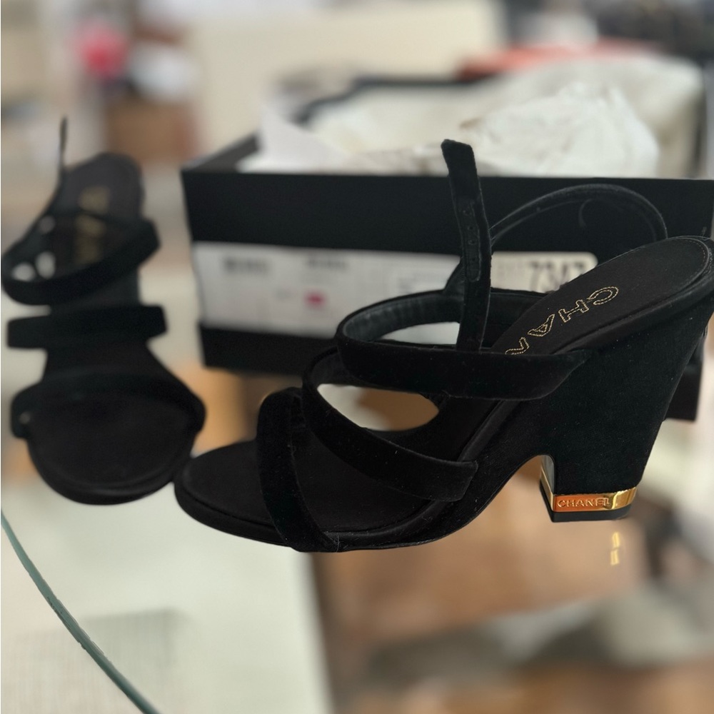 Chanel Black Velvet GHW Wedge Heel
